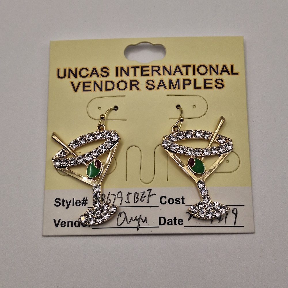 Rhinestone Martini Glass Drop Earrings Gold Tone Vendor Sample NWT